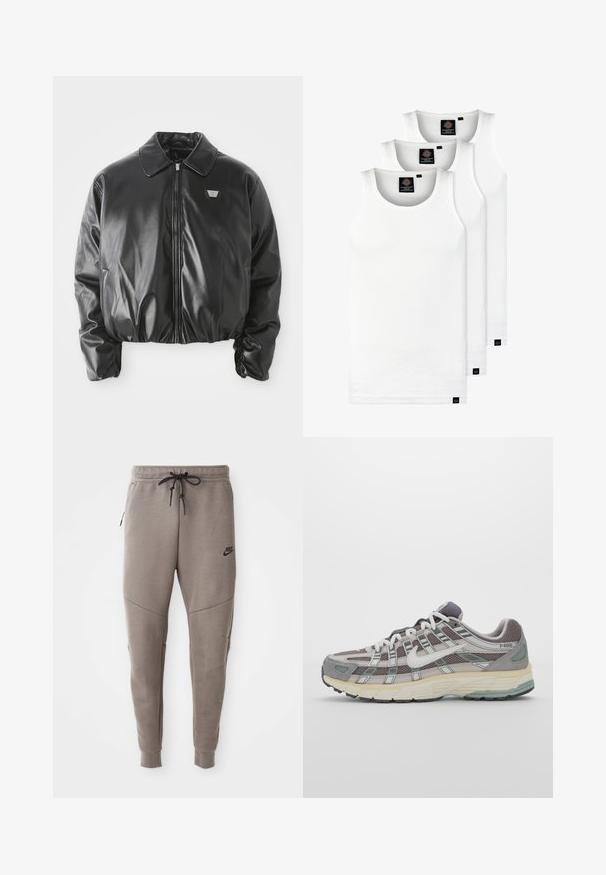 Black faux leather bomber jacket with front zipper, chest logo patch, elasticated hem and cuffs, and classic collar on white background.; Three white ribbed tank tops made of cotton. Features a crew neck and small black labels near the hem. Available in multiple sizes.; Gray Nike sweatpants with a drawstring waistband, tapered legs, side pockets, and distinct seam detailing. Soft, textured fabric.; Gray athletic shoe featuring a mesh and suede upper, white accents, a cushioned sole, and a distinctive design with reflective elements.