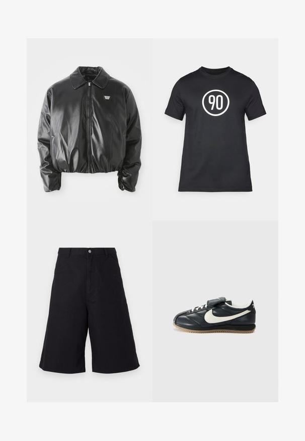 Fekete műbőr bomber dzseki elülső cipzárral, mellkasi logóval, rugalmas aljjal és mandzsettával, valamint klasszikus gallérral fehér háttér előtt.; Fekete pamut póló, középen a "90" számot ábrázoló fehér kör alakú grafikával. Klasszikus környakú dizájn, rövid ujjakkal.; Fekete pamut rövidnadrág egyenes szabással, elülső zsebekkel, gombos záródással és olyan textúrával, amely alkalmas hétköznapi viseletre.; Fekete bőr sportcipő fehér Swoosh logóval, fűzős záródással, tépőzáras pánttal és textúrázott mintázatú gumitalppal. Oldalnézetben bemutatva.