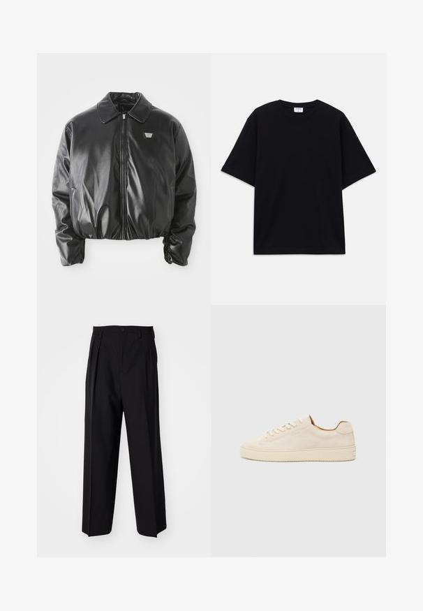 Must tegelikkuses nahast bomber-jakk, millel on esi-lukuga, rinna logo, elastne alläär ja mansetid ning klassikaline krae valgel taustal.; Must t-särk, lühikeste varrukatega, üle mõõdu, ümmarguse kaelusega ja nähtava Filippa K brändi sildiga kaelas.; Mustad volditud püksid sirge ja laia säärega disainiga. Valmistatud siledast kangast, millel on nuppudega sulgemine ja vööaasad.; Beež sueded spordijalats madala profiiliga, ümmargune varvas, lamedad lipsud ja tekstureeritud kummitald. Minimalistlik stiil ilma nähtavate logodeta.