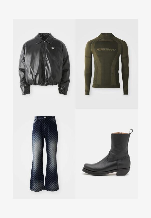 Black faux leather bomber jacket with front zipper, chest logo patch, elasticated hem and cuffs, and classic collar on white background.; Long-sleeve thermal shirt in olive green with a fitted design, featuring a high neck and contrasting striped texture. Brand name "MISBHV" displayed prominently.; Flared denim jeans with a dark to light ombre checkered pattern, featuring a zipper fly, classic five-pocket design, and silver hardware accents.; Black leather ankle boot with a smooth texture, slim profile, side stitching, and a low square heel. Features a pull tab at the back.