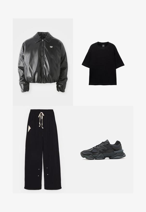 Jachetă bomber din piele ecologică neagră, cu fermoar frontal, patch cu logo pe piept, tiv și manșete elastice, și guler clasic, pe fundal alb.; Tricou negru cu maneci scurte, fabricat din bumbac, având un decolteu rotund și o croială lejeră. Textură netedă cu detalii minime de cusătură.; Pantaloni negri evazați dintr-un material moale, cu talie ajustabilă cu șnur, buzunare laterale și un buzunar accent triunghiular. Detalii din metal argintiu incluse.; Pantofari de alergare negri, cu un amestec de plasă și materiale sintetice, talpă masivă, design curbat și branding proeminent pe lateral.