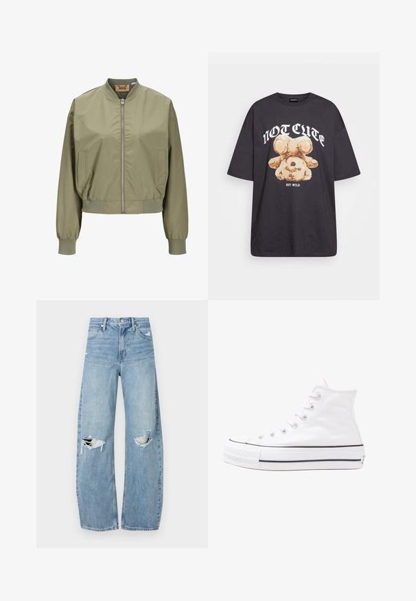 Olivnozeleni bomber jakna z zadrgo na sprednji strani, elastičnimi manšetami in skrajšanim dizajnom. Narejena iz gladkega, lahkega materiala z stranskimi žepi.; Črna oversized majica s kratkimi rokavi, na kateri je grafika medveda z besedilom „NI SRČKAN VKLJUČNO Z DIVJIM“ v poudarjenem belem tisku. Material: bombaž.; Svijetloplave traperice visoki struk. Imaju široke nogavice, dva poderana područja na koljenima i klasičan petotoksi stil.; Beli visoki platneni športni čevelj z črnim gumijastim podplatom, sprednjim gumijastim zaščitnikom za prste in šestimi luknjicami za vezalke, ki se ponaša s preprostim, minimalističnim dizajnom.