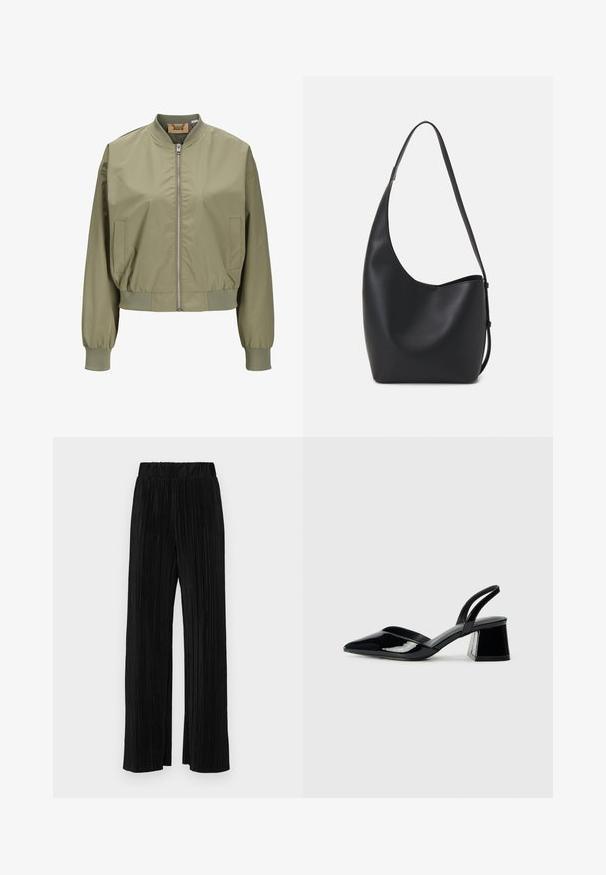 Oliven grønn bomberjakke med glidelås foran, elastiske mansjetter og en kort design. Laget av glatt, lett materiale med sidelommer.; Sett med to langermede topper i hvit og svart. Ribbete tekstur, rund hals, tettsittende design med lett utsvingte ermer.; Sorte plisserte bukser med elastisk midje. Har vide ben og et glatt, strukturert stoff med vertikale striper.; Svarte patentlær slingback hæler med spiss tå og geometrisk blokk hæl. Har et stilrent, minimalistisk design og jevn tekstur.; Svart lær hobo-veske med glatt tekstur, buet form og enkelt justerbart stropp; har en bred åpning på toppen.