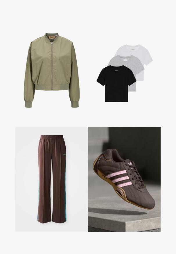 Casaco bomber verde-oliva com fecho na frente, punhos elásticos e um design cropped. Feito de material liso e leve, com bolsos laterais.; Conjunto de três t-shirts de manga curta nas cores preto, cinza e branco. Feitas em algodão, com gola redonda e um design simples, em cores sólidas.; Calças atléticas castanhas com uma textura canelada, cintura elástica e riscas laterais turquesa. Apresentam o logo da adidas na frente.; Sapatilha atlética de camurça castanha com riscas e logótipo rosa, apresentando um upper texturizado, fecho de atacadores e uma sola de borracha de goma.