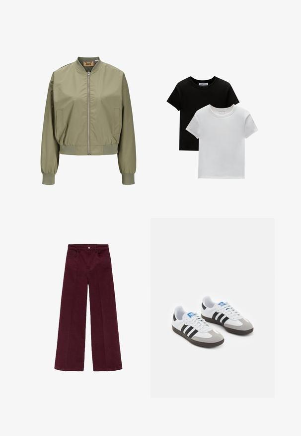 Oliwkowa kurtka bombowca z zamkiem błyskawicznym z przodu, elastycznymi mankietami i skróconym krojem. Wykonana z gładkiego, lekkiego materiału z bocznymi kieszeniami.; Dwie koszulki z okrągłym dekoltem w kolorze czarnym i białym, wykonane z bawełny. Posiadają krótkie rękawy i jednolity kolor bez wzorów czy akcentów.; Burgundowe spodnie o szerokich nogawkach, wykonane z miękkiej tkaniny bawełnianej, z przodem zapinanym na guzik, dwoma kieszeniami bocznymi i wykończeniem dołu.; Buty sportowe z białą skórzaną cholewką, szarym zamszowym noskiem i trzema czarnymi paskami. Posiadają niebieskie logo na języku oraz teksturowaną gumową podeszwę.