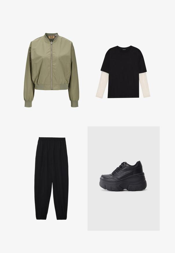 Õlivärvi bomber-jakk, millel on esine tõmblukk, elastsed mansetid ja lühendatud disain. Valmistatud siledast, kergest materjalist, küljetaskudega.; Mustmust särk, mis on valmistatud puuvillast, lühikeste varrukatega, valge pika varrukaga kihi peal, millel on peene tekstuuriga muster. Ümar kaelus.; Mustad, kerge kangas püksid elastse vöökoha ja kokku volditud pahkluudega. Kanga pind on sile ja disain on lõdvestunud, kitsenev.; Mustad mustaga värvi kingad, millel on paks tald, sile nahk peals, ümar nina ja eristuva kihilise platvormi disain.