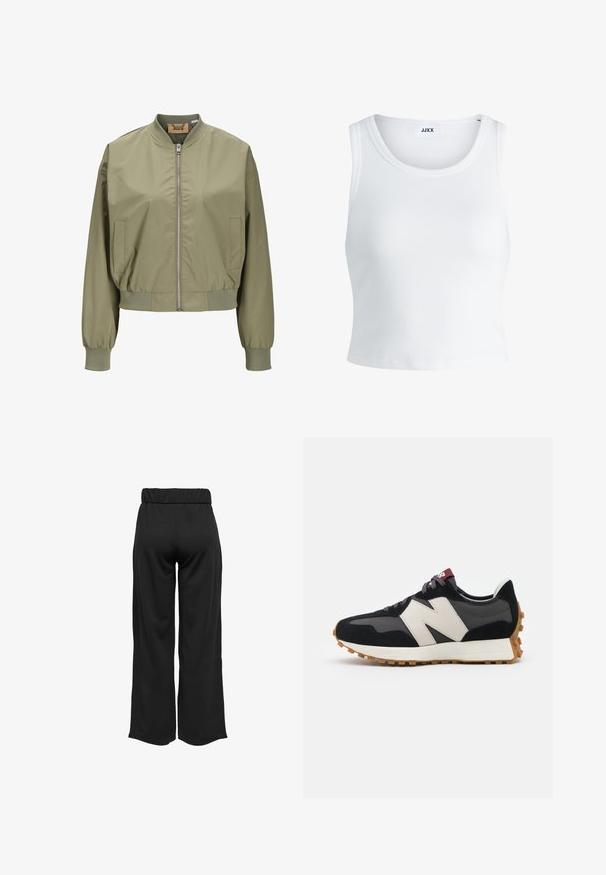 Olivi vihreä pommikauppias, jossa on etuvetoketju, elastiset hihansuut ja lyhennetty muoto. Valmistettu sileästä, kevyestä materiaalista, jossa on sivutaskut.; Valkoinen ribbattu hihaton toppi, jossa on pyöreä pääntie ja lyhyt malli. Tunnuslukuna lukee "JJXX". Sujuva kangas.; Mustat, leveälahkeiset housut, joissa on joustava vyötärö, valmistettu sileästä kankaasta. Ominaisuuksia ovat puhdas muotoilu ilman taskuja tai näkyviä ompelusaumoja.; Mustat ja harmaat mokkakenkä, jossa on suuri kermanvärinen "N"-logo, violetit nauhat ja teksturoitu kumipohja.