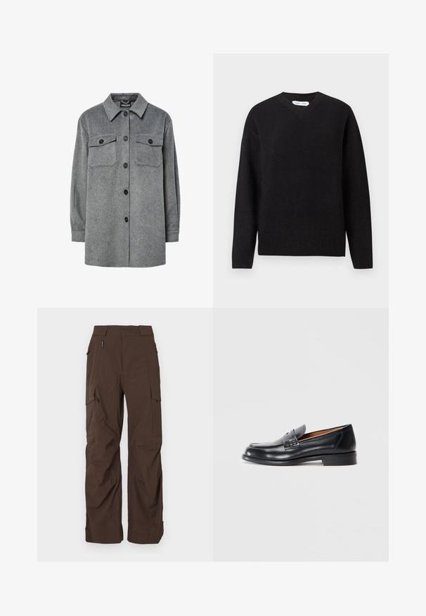 Hallhalli, nööpidega särk-jakk, mis on valmistatud pehmest villasegust, klassikalise krae, kahe rinnatasku ja mustade nööpidega.; Mustast V-kaelusega sviiter pehmest villasegust, millel on pikad varrukad ja ribidega mansetid ja alus. Lihtne, klassikaline disain ilma mustrite või aktsentideta.; Lühikeste varrukatega polo-sviiter hallist villast, millel on tumeda halli teemantmustri ja valgete õmblusdetailidega. Klassikaline krae koos nuppudega.; Pruunid cargo püksid sirge lõikega, valmistatud vastupidavast kangast. Omavad mitmeid taskuid ja turvalist vöödisaini.; Mustad mustad nahast mokassiinid ümarate varvastega, tikandite ja siledaga tekstuuriga. Omab madalat kontsa ja libisemisvõimet.