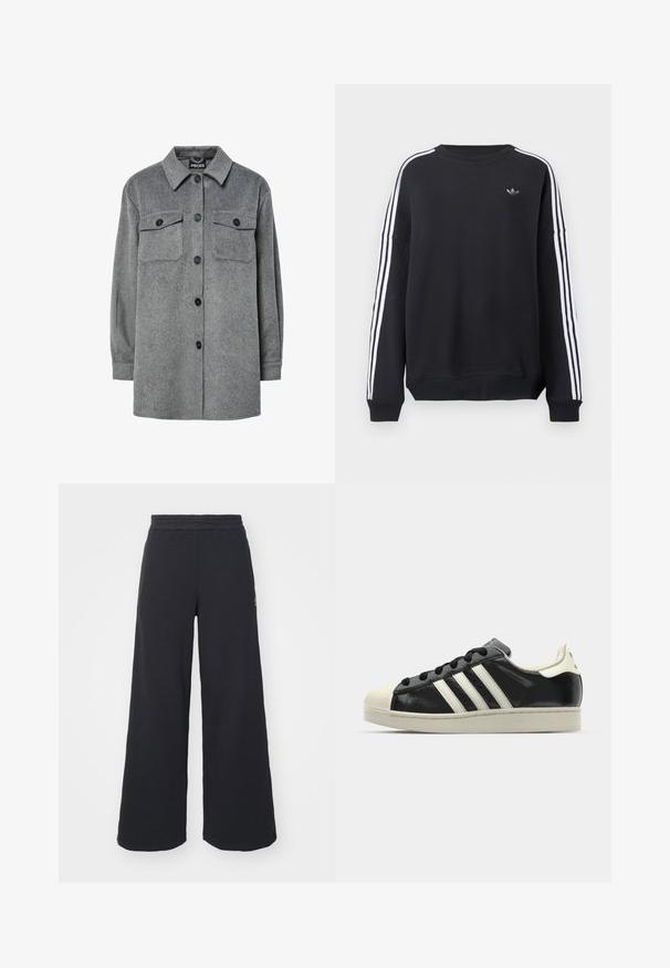 Camisa de casaco cinza, abotoada, feita de uma mistura de lã suave, com um colarinho clássico, dois bolsos no peito e botões pretos.; Sweatshirt preta de manga comprida, com riscas brancas a correr ao longo de cada braço e um pequeno logótipo cinza no peito. Material de algodão, corte casual.; Calças de fato largas, pretas, feitas de tecido macio, com uma cintura elástica e um pequeno logótipo do lado esquerdo.; Sapatilha de couro preto com riscas brancas, biqueira de borracha, atacadores pretos e sola na cor creme. Textura suave com acabamento brilhante.