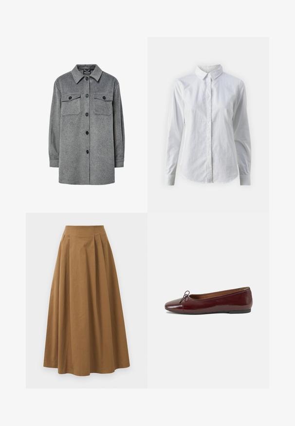 Hallhalli, nööpidega särk-jakk, mis on valmistatud pehmest villasegust, klassikalise krae, kahe rinnatasku ja mustade nööpidega.; Valge nööpidega särk, mis on valmistatud siledast puuvillast. Särgil on klassikaline krae, pikad varrukad ja kaarduv äär. Nöödid on väikesed ja valged.; Pruun puuvillane A-line seelik kõrge vöökohaga, millel on voldid ees ja sile tekstuur. Pika serva viimistlus on puhas ja lihtne.; Burgundi patendnahk kingad balletitüüpi, ümmarguse ninaosa, ees väike paelaaktsent ja madal must kummist tald. Sile tekstuur.