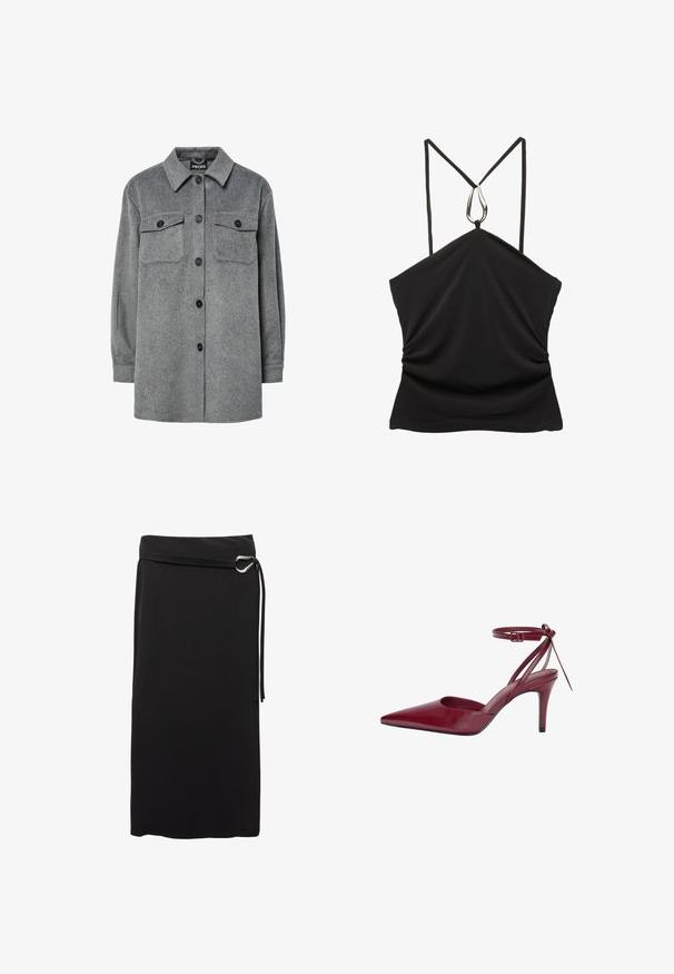 Šedá košile s knoflíky, vyrobená z měkké vlněné směsi, s klasickým límcem, dvěma náprsními kapsami a černými knoflíky.; Černý bezrukávový top s výstřihem do V a tenkými ramínky, s stříbrným akcentem ve tvaru kapky na výstřihu a sbíranou texturou na přední straně.; Černá midi sukně vyrobená z hladké látky. Má minimalistický design, pásek s kovovým kroužkem a vysoký pas.; Burgundské kožené lodičky na vysokém podpatku s špičatou špičkou, otevřenými stranami a kotníkovým páskem. Vyznačují se elegantním designem a hladkým povrchem.