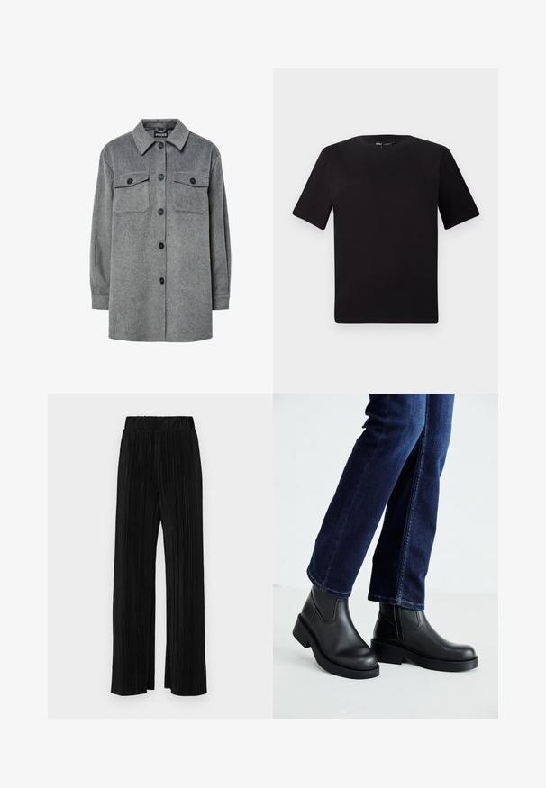 Camisa de casaco cinza, abotoada, feita de uma mistura de lã suave, com um colarinho clássico, dois bolsos no peito e botões pretos.; T-shirt preta de mangas curtas com decote redondo, feita de tecido de algodão suave. Design simples, sem logótipos ou padrões visíveis.; Calças pregueadas pretas com uma cintura elástica. Apresentam pernas largas e um tecido liso, texturizado com riscas verticais.; Botas de tornozelo de couro preto com sola grossa e painéis elásticos laterais, combinadas com jeans azul escuro. O chão é de cor clara.