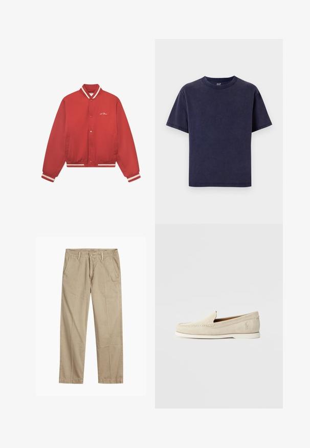 Red bomber jacket made of smooth fabric, featuring a striped collar, white accents, snap buttons, and side pockets.; Navy cotton T-shirt with a crew neckline, short sleeves, and a relaxed fit. Features a solid color and no visible patterns or accents.; Beige straight-leg chinos with belt loops, front button and zipper closure, and slant front pockets.; Polo Ralph Lauren MERTON VENETIAN LOAFER - Moccasins - milkshake