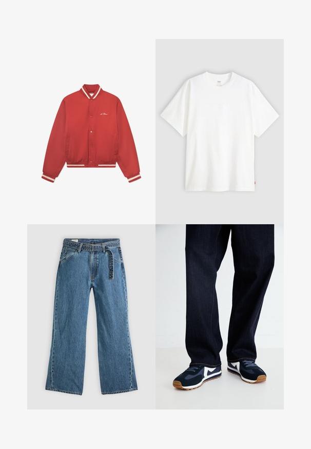 Casaco bombardeiro vermelho feito de tecido suave, com um colarinho riscado, detalhes brancos, botões de pressão e bolsos laterais.; T-shirt branca de manga curta, feita de algodão, com decote redondo. Apresenta um discreto detalhe de logotipo em relevo na frente e uma etiqueta vermelha na bainha.; Jeans de ganga azuis de perna larga com cinto preso, bolsos frontais e costura visível sobre um fundo claro.; Tênis atléticos em azul marinho e branco com um upper texturizado, cadarços e sola de borracha, combinados com calças de ganga escuras com costuras laranja.