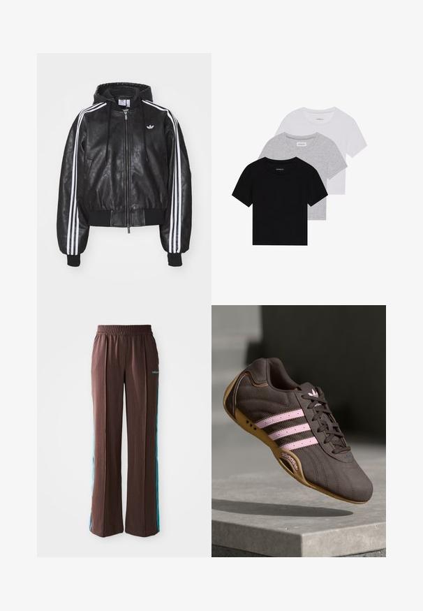 adidas Originals Bomber tipa jaka - black; Trīs īsām piedurknēm T-krekli melnā, pelēkā un baltā krāsā. Izgatavoti no kokvilnas, ar apaļu kakla izgriezumu un vienkāršu, viendabīgu krāsas dizainu.; Brūni sporta bikses ar ribotu faktūru, elastīgu jostasvietu un tirkīza sānu svītrām. Priekšpusē ir adidas logo.; Brūni zamšādas sporta apavi ar rozā svītrām un logo, ar teksturētu virsmu, šņorēšanas aizdari un gumijas zoli.