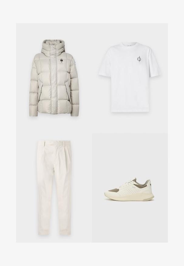 Blauer GLEN - Down jacket - grey; White cotton t-shirt with a relaxed fit, featuring a small black graphic logo on the left chest area. Short sleeves, crew neck style.; White, pleated trousers with a tailored fit, featuring a smooth texture, belt loops, and tapered legs. No visible pockets or patterns.; White and light beige athletic sneaker, featuring a mesh upper, perforated detailing, and a textured midsole with branding on the heel.