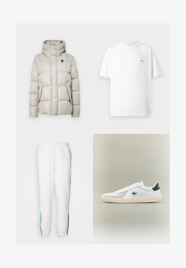 Blauer GLEN - Daunenjacke - grey; Weißes Baumwoll-T-Shirt mit Rundhalsausschnitt und kurzen Ärmeln. Mit einem kleinen schwarzen Lacoste-Logo auf der linken Seite der Brust.; Weiße Sweatpants mit elastischem Bund, ausgestattet mit grünen und blauen Seitenstreifen. Weicher Stoff mit einem schmal zulaufenden Knöcheldesign.; Weiße Sneakers mit grünen Akzenten, aus Wildleder und Leder, runde Zehenpartie, strukturiertes Profil und gesticktes Logo an der Seite und auf der Zunge.