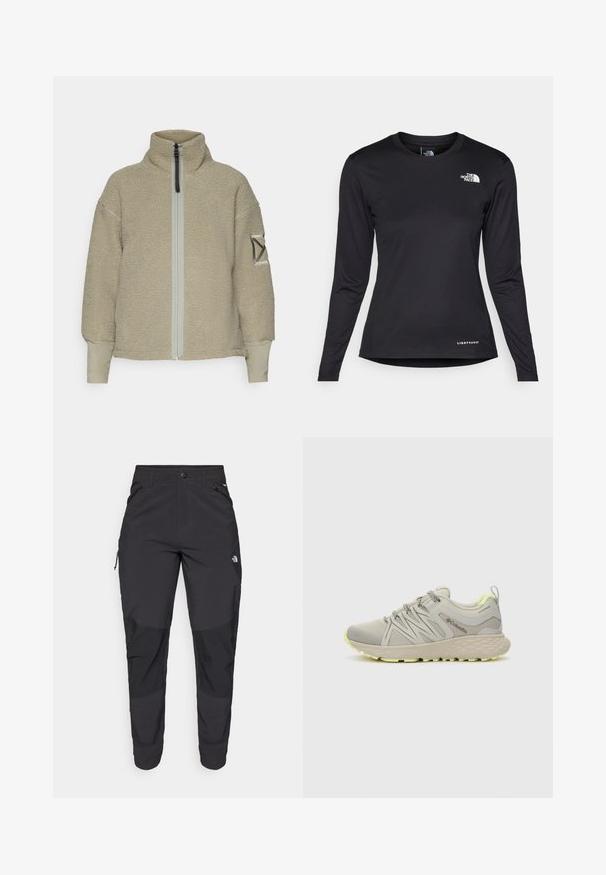 Didriksons MELLA - Forro polar - wilted leaf; The North Face SHADOW LONG SLEEVE - Camiseta de manga larga - black; Pantalones exteriores negros hechos de tela duradera. Cuentan con bolsillos con cremallera, refuerzos en las rodillas y un diseño de corte recto para mayor movilidad.; Columbia PEAKFREAK - Zapatillas de senderismo - dove/citron haze