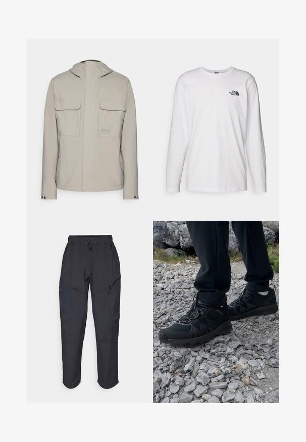 Lichtgrijze jas met een capuchon, twee voorste klepzakken en een rits aan de voorkant. Soepele textuur met een minimalistisch ontwerp en logoaccent.; Witte lange mouwen T-shirt gemaakt van katoen met een ronde hals. Beschikt over een klein zwart logo op de borst. Soepele textuur, normale pasvorm.; Zwarte cargo pants gemaakt van een lichtgewicht, waterafstotend materiaal; voorzien van een elastische tailleband, meerdere met rits gesloten zakken en taps toelopende pijpen.; Zwarte buitenschoenen van mesh en synthetisch materiaal, met een gestructureerd bovenwerk, een beveiligd vetersysteem en een robuuste zool, op een ruig terrein.