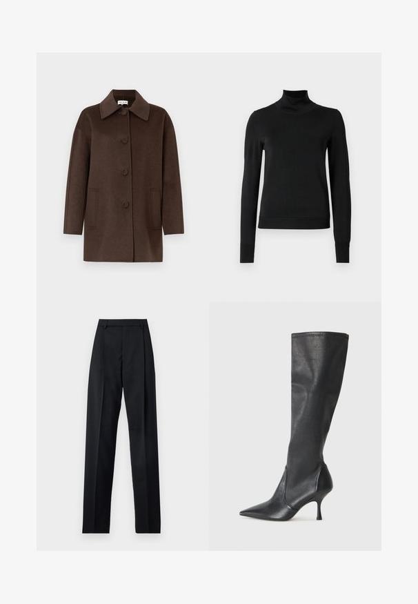 Brun uldbælgfrakke med en struktureret krave, frontknapper, store sidelommer og en afslappet silhuet. Glat tekstur med et minimalistisk design.; Sort langærmet turtleneck sweater med ribbede manchetter og kant, vist på en simpel hvid baggrund.; Sorte bukser lavet af glat stof, der har høj talje, brede ben, frontfolder og klassiske bælteløkker. Ingen synlige sidelommer.; Knæhøje sorte læderstøvler med spidse tæer og slanke stiletto-hele. Glat tekstur med en tætsiddende design og syninger ved toppen.