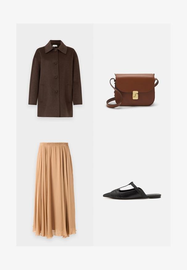 Brauner Mantel aus Wollmischung mit strukturiertem Kragen, Knöpfen vorne, großen Seitentaschen und einer lockeren Silhouette. Glatte Textur mit minimalistischem Design.; Helles, beigefarbenes, kurzes Sweatshirt mit einem Reißverschlusskragen, das ein strukturiertes Muster sowie gerippte Bündchen und Saum aufweist. Kombiniert Strick- und Webmaterialien.; Maxi-Rock in hellbeige, aus fließendem Stoff gefertigt. Verfügt über einen gerafften, elastischen Bund und sanfte Falten für Bewegung.; Schwarzer Leder-Slingback-Schuh mit spitzem Zehenbereich, ausgestattet mit einem geflochtenen Akzent und einem gefalteten Oberdesign. Flache Sohle mit minimalem Zubehör.; Braune Ledertasche mit Klappenverschluss, Beschlägen in Goldfarbe, einem Schultergurt und einer glatten Oberfläche. Kompakte rechteckige Form.