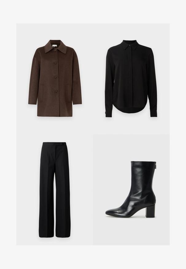 Brauner Mantel aus Wollmischung mit strukturiertem Kragen, Knöpfen vorne, großen Seitentaschen und einer lockeren Silhouette. Glatte Textur mit minimalistischem Design.; Schwarze Bluse mit langen Ärmeln, spitzem Kragen, verdeckter Knopfleiste und abgerundetem Saum vor einem schlichten weißen Hintergrund.; Schwarze weit geschnittene Hosen aus glattem, mattem Material. Flacher Bund ohne sichtbare Hardware oder Muster. Einfaches und elegantes Design.; Schwarze Leder-Ankle-Boots mit spitzer Zehe und 4 cm Blockabsatz. Schlankes Design mit einem seitlichen Reißverschluss für einfaches Anziehen. Glatte Textur.