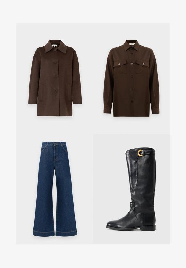 Casaco castanho em mistura de lã com colarinho estruturado, botões frontais, grandes bolsos laterais e silhueta descontraída. Textura suave com design minimalista.; Camisa de botões de manga longa castanho-escuro, com dois bolsos de aba no peito e um colarinho clássico, apresentada contra um fundo branco liso.; Jeans azul de perna larga com cintura alta, apresentando um fecho de botão, passantes para cinto e detalhes de costura discretos ao longo dos bolsos e das bainhas.; Bota de couro preta até ao joelho com bico arredondado, atacadores à frente, detalhe lateral e uma fivela dourada no topo. Textura suave.