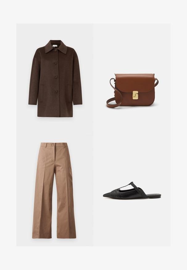 Cappotto in misto lana marrone con colletto strutturato, bottoni frontali, grandi tasche laterali e silhouette rilassata. Texture liscia con design minimale.; Camicia bianca a maniche lunghe e taglio corto in cotone. Presenta una chiusura con bottoni sul davanti, una tasca sul petto e un piccolo logo nero in basso a sinistra.; Pantaloni larghi marroni realizzati in un tessuto morbido, con chiusura frontale con bottone, due tasche anteriori e linee pulite e sartoriali.; Scarpa slingback in pelle nera con punta appuntita, con un dettaglio intrecciato e un design superiore plissettato. Suola piatta con hardware minimale.; Borsa a tracolla in pelle marrone con chiusura a pattina, hardware color oro, tracolla e una finitura liscia. Forma rettangolare compatta.