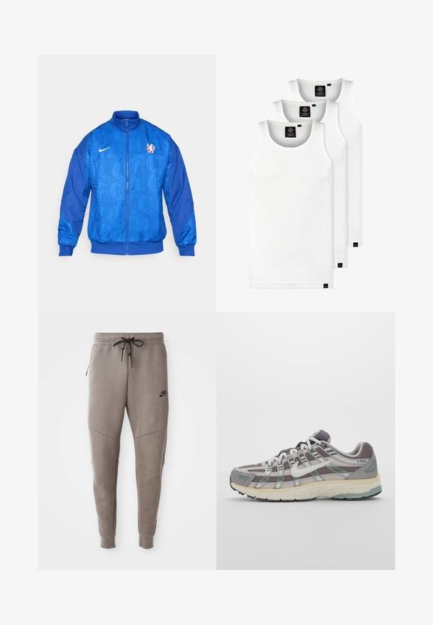Modrá sportovní bunda na zip s logem Nike, erb lva Chelsea FC a opakovaným vzorem textu "LONDON" na přední straně a rukávech.; Tři bílé žebrované tílka vyrobené z bavlny. Mají kulatý výstřih a malé černé štítky poblíž lemu. Dostupné v několika velikostech.; Šedé Nike tepláky s elastickým pasem na šňůrku, zúženými nohavicemi, bočními kapsami a charakteristickým švem. Měkká, strukturovaná tkanina.; Šedá sportovní obuv s vrchní částí z mikrovlákna a semiše, bílými akcenty, polstrovanou podrážkou a jedinečným designem s reflexními prvky.
