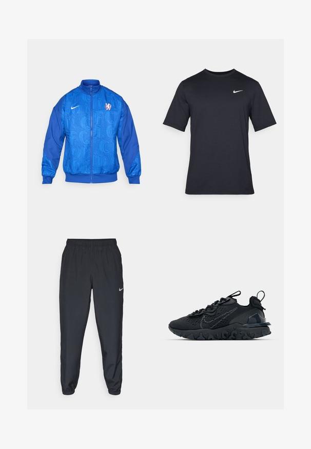 Blauwe sportjack met ritssluiting, voorzien van het Nike-logo, het Chelsea FC leeuwenkreuk en een herhaald "LONDON" tekstpatroon op de voorkant en mouwen.; Zwart T-shirt met korte mouwen van Nike, gemaakt van gladde stof, met een wit swoosh-logo op de bovenlinkerzijde, ronde hals.; Zwarte trainingsbroek van lichtgewicht materiaal met een elastische tailleband, enkelmanchetten en een discreet Nike-logo aan de linkerkant.; Zwarte sportieve schoen met een ademende bovenkant van mesh, gestructureerde accenten en een golvende rubberen zool. Heeft een reflecterende logo en vetersysteem.