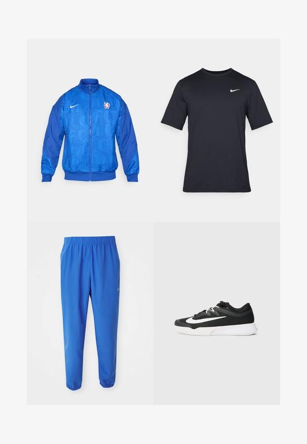 Modra športna jakna na zadrgo z logotipom Nike, grbom leva Chelsea FC ter ponovljenim vzorcem besedila "LONDON" na sprednji strani in rokavih.; Črna kratkotrajna majica Nike iz gladkega materiala, z belim logotipom Swoosh na zgornji levi strani, okrogel izrez.; Modre atletske hlače z elastičnim pasom, ravnim krojem in zoženimi manšetami. Značilnost je Nike logo v zlatem na levi strani.; Črne atletske čevlje z teksturiranim zgornjim delom, belim logotipom v obliki kljuca, vrvico za vezanje in gumijastim podplatom s vzorčastim profilom.