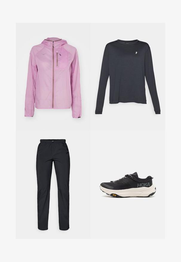 HOKA SKYFLOW JACKET - Vindjakke - pink twilight; Mørk langermet T-skjorte laget av teksturert stoff, med rund hals og en liten hvit logo på venstre brystområde.; Svarte, lette, vannavstøtende bukser med elastisk midje og to sidelommer; glatt tekstur; rett ben-design.; Sorte joggesko med et pustende mesh-overdel, gummisåle, hvit dempemellomsåle og reflekterende lisser. Vibram-logo på sålen.