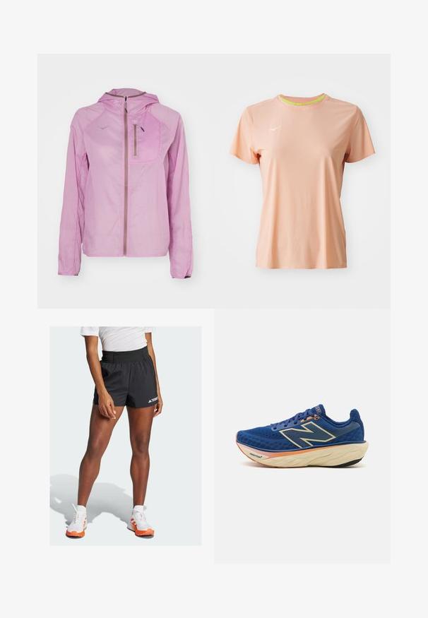 HOKA SKYFLOW JACKET - Windbreaker - pink twilight; Peach short-sleeve sport t-shirt with a slim fit, round neckline, and a contrasting light green inner collar. Features a small white logo.; Black athletic shorts with a wide waistband, featuring the text "TERREX" and an Adidas logo. Paired with white shoes accented in orange.; Blue running shoe featuring a breathable mesh upper, padded collar, and a cushioned sole with an orange accent. "Fresh Foam" branding visible.