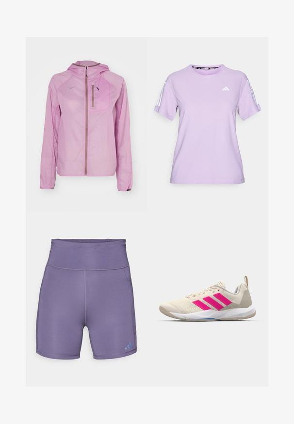 HOKA SKYFLOW JACKET - Veste coupe-vent - pink twilight; T-shirt de sport lilas à manches courtes en tissu respirant, avec un col rond, une surface texturée et trois rayures blanches sur les épaules.; Shorts de sport violets avec une taille haute, texture lisse, et logo bleu contrastant en bas à gauche. Présente des coutures à plat.; Baskets de sport beiges avec un logo à trois bandes roses, tige en maille texturée, col rembourré et semelle en caoutchouc blanc, arborant le marquage "LIGHTSTRIKE".