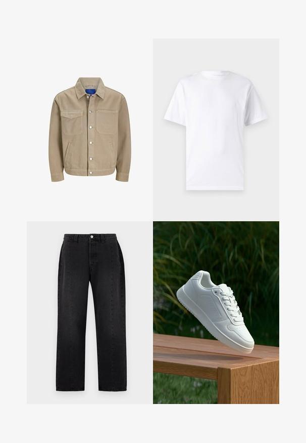 Svetlo rjava jeans jakna z dvema žepoma na prsih, stranskimi žepi in boste s pritisnimi gumbi. Ima klasičen ovratnik in modro notranjo oblogo.; Bela majica s kratkimi rokavi iz bombaža z okroglim izrezom, ki ima gladko teksturo in preprost dizajn brez vzorcev ali poudarkov.; Črne jean hlače s ravnim krojem. Imajo gumbasto zapiranje, zanke za pas in dva stranska žepa. Gladka tekstura, brez vidnih vzorcev.; Bela teniska s gladkim sintetičnim zgornjim delom, perforiranim prednjim delom, ravnimi vezalkami in teksturiranim podplatom, prikazana na leseni površini.