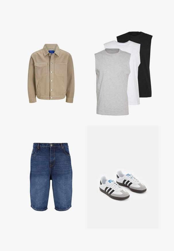 Barna farmerdzseki két mellzsebbel, oldalzsebekkel és patentos záródással. Klasszikus gallérral és kék béléssel rendelkezik.; Három ujjatlan póló szürke, fehér és fekete színben. Puha pamut anyag, kerek nyakkivágással és laza szabással. Egyszerű dizájn, minta nélkül.; Sötétkék farmer rövidnadrág, kopott hatású kivitelben. Öt zsebbel, elülső gombos záródással és varrott részletekkel a varrás mentén.; Fehér bőr felsőrészes sportcipő, szürke velúrból készült orral és három fekete csíkkal. Jellemzője a kék logó a nyelvén és egy texturált gumitalp.