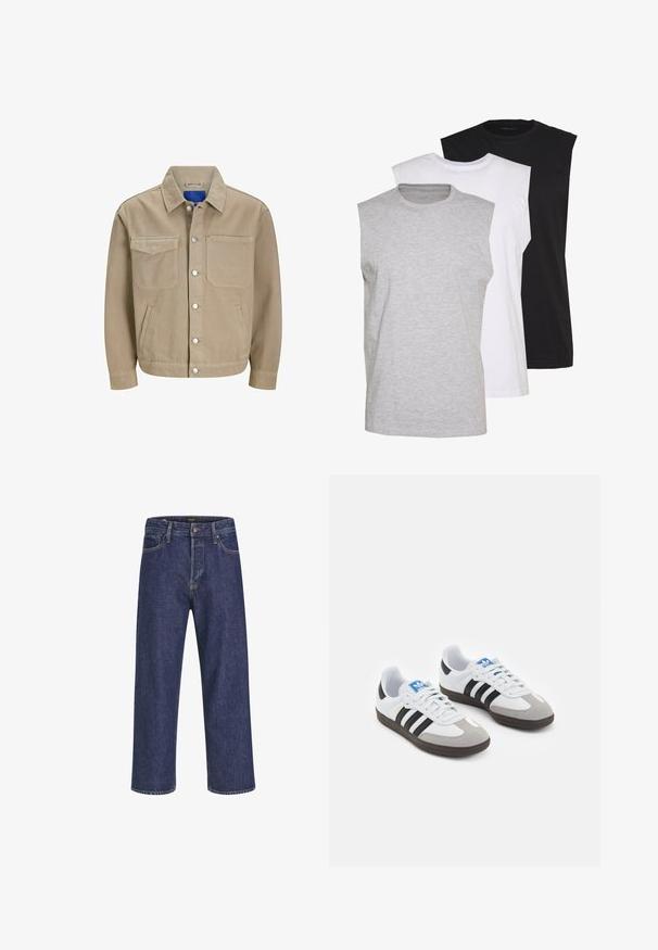 Tumši zilo džinsu jaka ar divām krūšu kabatām, sānu kabatām un spiedpogu aizdari. Iespējojusi klasisko apkakli un zilu iekšējo oderi.; Trīs bezpiedurkņu T-krekli pelēkā, baltā un melnā krāsā. Mīksts kokvilnas materiāls ar apaļu kakla izgriezumu un brīvu piegriezumu. Vienkāršs dizains, bez rakstiem.; Tumši zili džinsu bikses ar taisnu piegriezumu, piecu kabatu dizainu, metāla pogas aizdari un kontrastējošām šuvēm, ar smalku faktūru.; Sporta apavi ar balto ādas virsu, pelēku zamšādas purngalu un trim melnām svītrām. Iezīmē zilu logotipu uz mēles un teksturētu gumijas zoli.