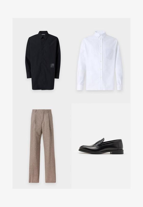 MM6 Maison Margiela c GORE LONG-SLEEVED - Īss mētelis - deep black; Balts garo piedurknēm krekliņš ar pogām, izgatavots no kokvilnas, ar krūšu kabatu ar tonālu izšuvumu, apkakli un pogām pie piedurknēm.; Brūni, augstos šortos izgatavoti no teksturēta auduma. Iezīmē plašas kājas un divas priekšējās krokas, kas nodrošina struktūru. Kārtīga apdare bez redzamām detaļām.; Melnas ādas kurpes ar gludu tekstūru, noapaļu purngalu un dekoratīvu siksniņu pāri priekšpusei. Zems sakrauts papēdis, minimālisma dizains.