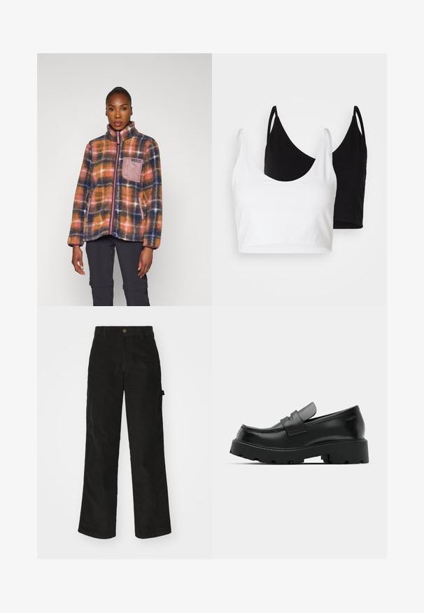 Plaid fleece jacket in orange, blue, and pink with high collar, front zip, and chest pocket; soft texture and relaxed fit.; Two cotton crop tops in white and black. Each has a deep neckline and thin shoulder straps, featuring a smooth, soft texture.; Black corduroy trousers with a straight-leg design, featuring a button closure and side pocket. Smooth texture with fine vertical stripes.; Black leather loafers with a chunky textured sole, featuring a strap over the vamp and smooth, polished finish.