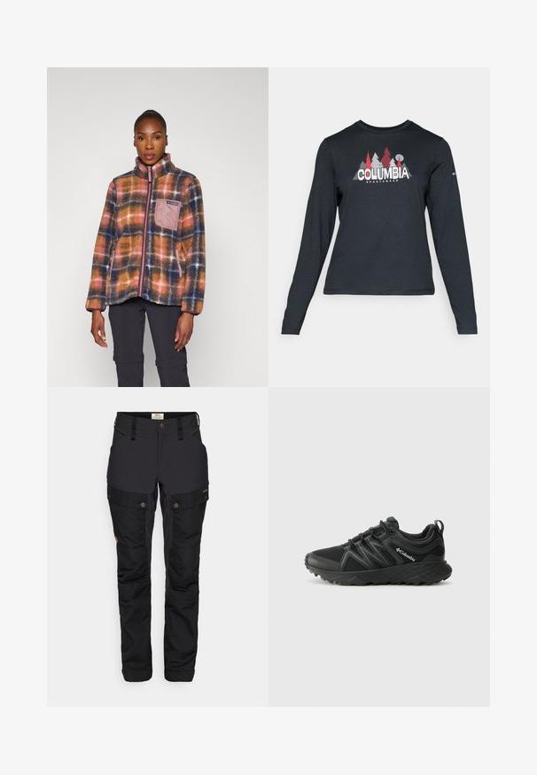 Grynai raudona, mėlyna ir rožinė džinsinė striukė su aukštu apykakle, priekyje užtrauktuku ir krūtine kišene; minkšta tekstūra ir laisvas kirpimas.; Ilga rankovė tamsiai pilka marškinėliai su raudonų medžių ir kalnų grafika; drąsaus baltos spalvos teksto "COLUMBIA" logotipas. Minkšta medžiaga, standartinis apvalus kaklas.; Juodi lauko keliai su tvirtu tekstūru, turintys krovininius kišenes, reguliuojamą liemenį ir sagčių uždarymą, sukurti funkcionalumui ir patogumui.; Columbia PEAKFREAK - Turistiniai batai - black