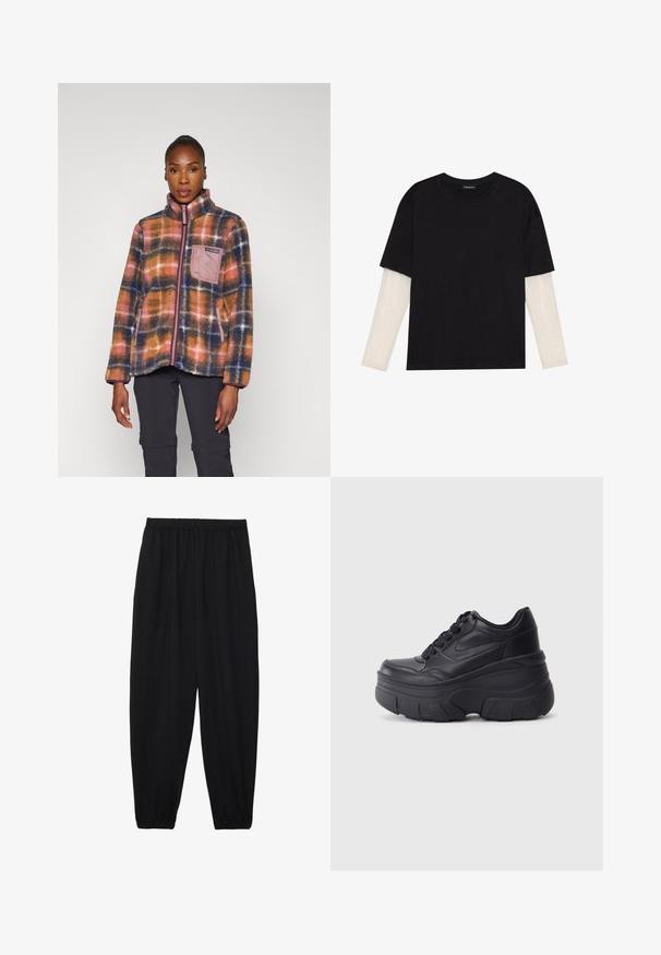 Plaid fleece jacket in orange, blue, and pink with high collar, front zip, and chest pocket; soft texture and relaxed fit.; Black T-shirt made of cotton, featuring short sleeves over a white long-sleeve layer with a subtle textured pattern. Crew neckline design.; Black, lightweight pants with an elastic waistband and gathered ankles. The fabric is smooth and features a relaxed, tapered design.; Black lace-up sneakers with a chunky sole, featuring smooth leather upper, rounded toe, and distinct layered platform design.
