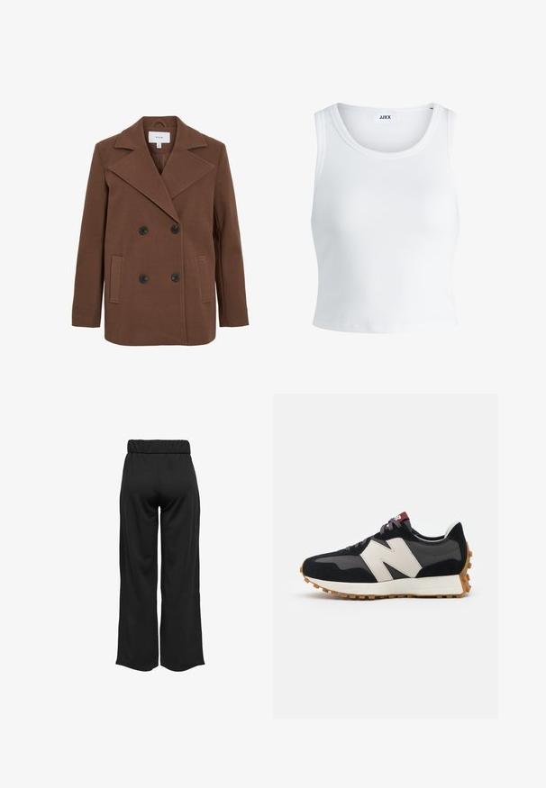 Cappotto doppiopetto in misto lana marrone con grandi revers, bottoni neri, tasche laterali e una vestibilità leggermente oversize. Texture liscia.; Canottiera bianca a coste con scollatura rotonda, senza maniche e lunghezza cropped. Etichetta con la scritta "JJXX". Tessuto di texture liscia.; Pantaloni neri a gamba larga con cintura elastica, realizzati in tessuto liscio. Presentano un design pulito senza tasche o dettagli di cucitura visibili.; Sneaker in suede nero e grigio con un grande logo "N" color crema, lacci viola e una suola esterna in gomma gommosa texturizzata.