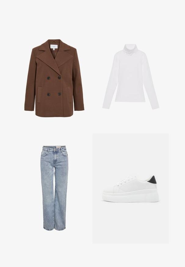 Rudas vilnos mišinys, dvigubai užsegamas paltas su didelėmis apykaklėmis, juodais mygtukais, šoninėmis kišenėmis ir šiek tiek per dideliu siluetu. Lygus tekstūravimas.; Baltas ilgomis rankovėmis turtleneko tipo marškinėliai, pagaminti iš lygaus, tamprus audinys. Yra aukštas apykaklė ir prisitaikantis dizainas, be matomų raštų ar papuošimų.; Šviesiai mėlyni plačios kojų džinsai, pagaminti iš džinsinio audinio, pasižymintys aukštu liemeniu, penkių kišenių dizainu ir subtiliu blukimu, kad atrodytų jau dėvėti.; Balti platforminiai sportbačiai, pagaminti iš lygios sintetinio audinio, su apvaliu pirštu, raištelių užsegimu ir tekstūruota guma padanga. Juodas kulno akcentas.