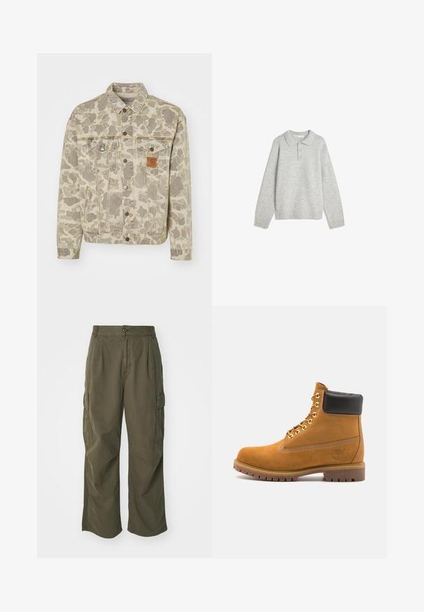 Carhartt WIP HELSTON JACKET - Giacca di jeans - grey/black; Pullover grigio a maglia con colletto, tre bottoni frontali e orlo a costine. Il tessuto sembra morbido e strutturato, con una vestibilità rilassata.; Pantaloni cargo in verde oliva, realizzati in cotone, con un design a gamba larga, pieghe e tasche laterali per utilità.; Stivale alla caviglia in suede tan con collare imbottito nero, occhielli in metallo dorato, dettagli in cucitura bianca e suola in gomma robusta con battistrada pronunciato.