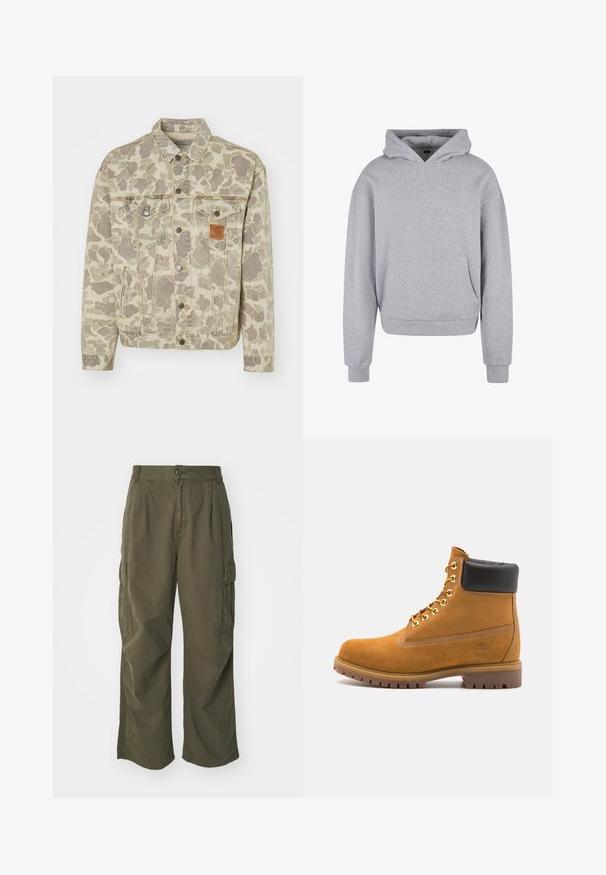 Carhartt WIP HELSTON JACKET - Traper jakna - grey/black; Sivi pamučni dukserica s prednjim džepom, kapuljačom na vezanje te rebrastim manžetama i rubom. Ima mekan, teksturiran završetak.; Cargo hlače u maslinasto zelenoj boji, izrađene od pamuka, s širokim krojem, nabranim detaljima i bočnim džepovima za praktičnost.; Antracitne antilop čizme do gležnjeva s crnim podstavljenim ovratnikom, zlatnim metalnim rupicama, bijelim šavovima i robusnom gumenom potplatom s izraženim šarama.