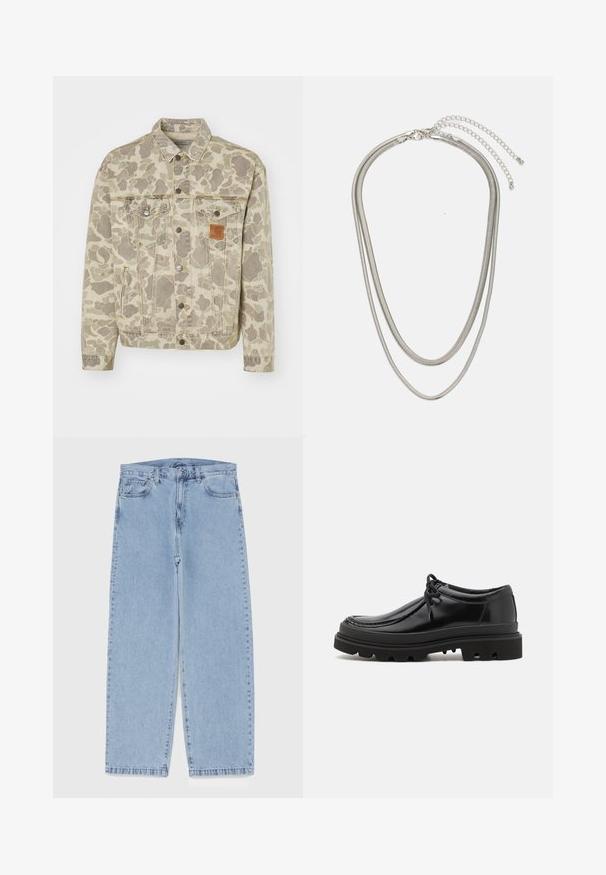 Carhartt WIP HELSTON JACKET - Jeansjacke - grey/black; FC Barcelona-Trikot mit blauen und roten vertikalen Streifen, Nike-Logo und Spotify-Grafik in der Mitte. Hergestellt aus atmungsaktivem Material.; Hellblaue Jeans aus Denim mit geradem Bein, ausgestattet mit einer mittelhohen Taille, fünf Taschen sowie einem Knopf- und Reißverschluss.; Schwarze Leder-Derby-Schuhe mit einem eleganten Design, runder Zehenpartie und rutschfester Gummisohle mit tiefen Rillen für besseren Halt.; Dreischichtige Halskette aus Silbermetall mit schlanken, flexiblen Ketten mit leichtem Glanz, gesichert mit einem Karabinerverschluss und verstellbarer Kette.