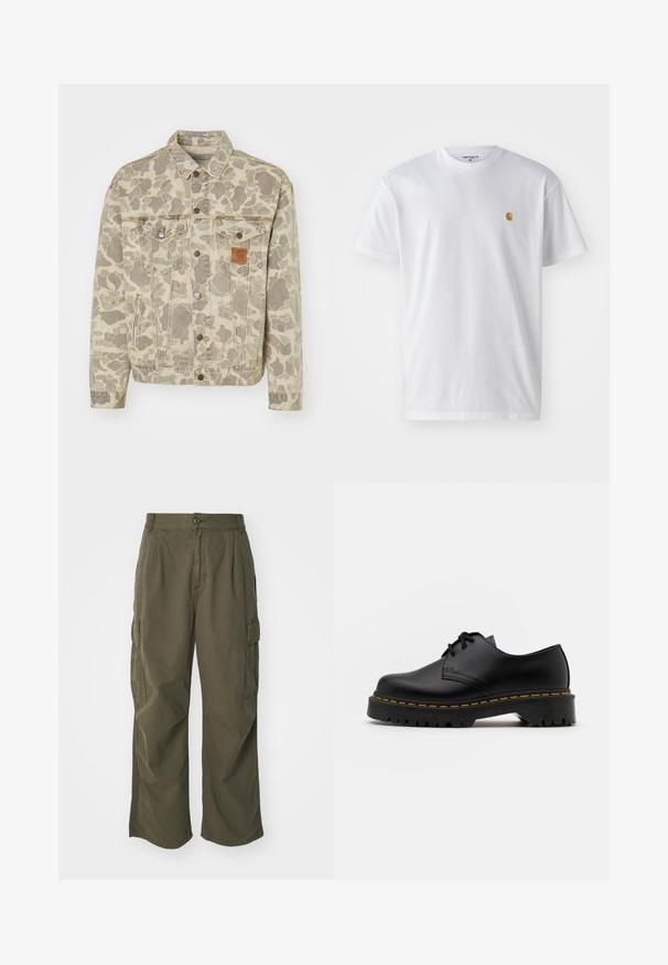 Carhartt WIP HELSTON JACKET - Jeansjacke - grey/black; Weißes Baumwoll-T-Shirt mit kurzen Ärmeln, Rundhalsausschnitt, mit einem kleinen goldenen Logo im linken Brustbereich. Weicher Stoff und normale Passform.; Cargo-Hosen in Olivgrün, aus Baumwolle, mit weitem Bein, Falten und seitlichen Taschen für Funktionalität.; Schwarze Leder Schnürschuhe mit runder Spitze, strukturiertem Gummisohle und gelben Nähten um den Rand. Flaches Design und glatte Oberfläche.