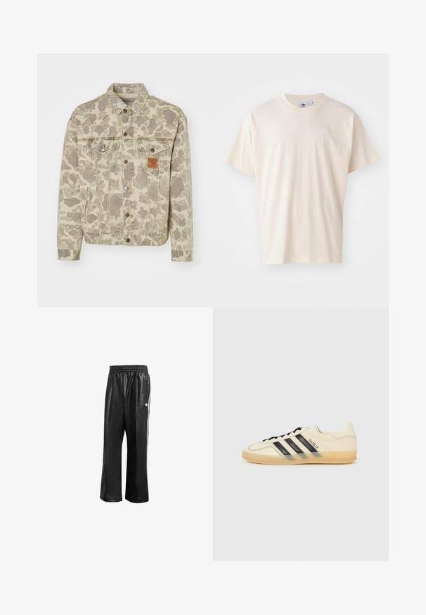 Carhartt WIP HELSTON JACKET - Casaco de ganga - grey/black; T-shirt de algodão creme com decote redondo e mangas curtas; apresenta um pequeno logotipo de cor clara no peito.; Calças de treino sintéticas pretas com um cós elástico, apresentando riscas laterais brancas e um pequeno logótipo branco no quadril esquerdo.; Sapatilhas de creme claro com design de três riscas pretas, parte superior texturizada, bico redondo e sola de borracha. Apresenta atacadores e uma marca na lateral.