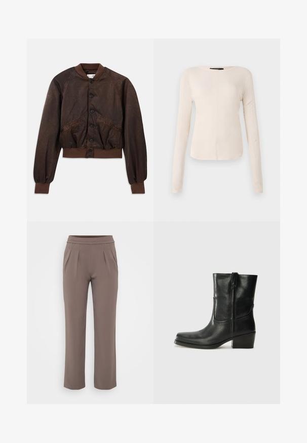 Ruda bombers tipo striukė, turinti blizgų audinį, raglan stilius rankovėms, įglebti kaklai ir apačia, bei juodi mygtukai priekyje.; Ilgesnių rankovių, šviesiai bežinis viršus su apvaliu iškirpimu. Pagamintas iš minkštos medžiagos, turi centrinę siūlę ir šiek tiek kreivą apatinių kraštų liniją. Matomų detalių nėra.; Smėlinės laisvo kirpimo kelnės su elastinga juosmens juostele ir priekine klostele, pagamintos iš lygaus audinio.; Juodi odiniai aulinukai iki kulkšnies su apvali nosimi, blokuotais kulnais, šonine užtrauktuku ir siuvimo akcentais ant viršutinės dalies. Lygi tekstūra, klasikinis dizainas.