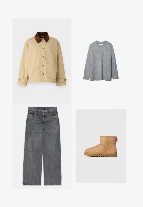 Beige bomuldsjakke med krave af brun corduroy, frontknaplukning, to store lommer og sy- detaljer. Klassisk design med lange ærmer.; Grå strikket sweater med rund halsudskæring, sænkede skuldre og ribstrikkede manchetter. Blød tekstur og løs pasform. Ingen mønstre eller accenter.; Bredde ben jeans i mørkegrå denim. Har høj talje, fem lomme design og forneden knaplukning. Glat tekstur med subtil fading.; Brune suede ankelstøvle med rund tå, stikninger, en pull tab bagpå og en tekstureret gummisål. Designet til komfort og varme.